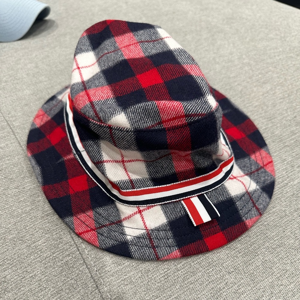 Thom Browne Classic Bucket Hat w/ RWB Grosgrain in Tartan Check Wool Twill